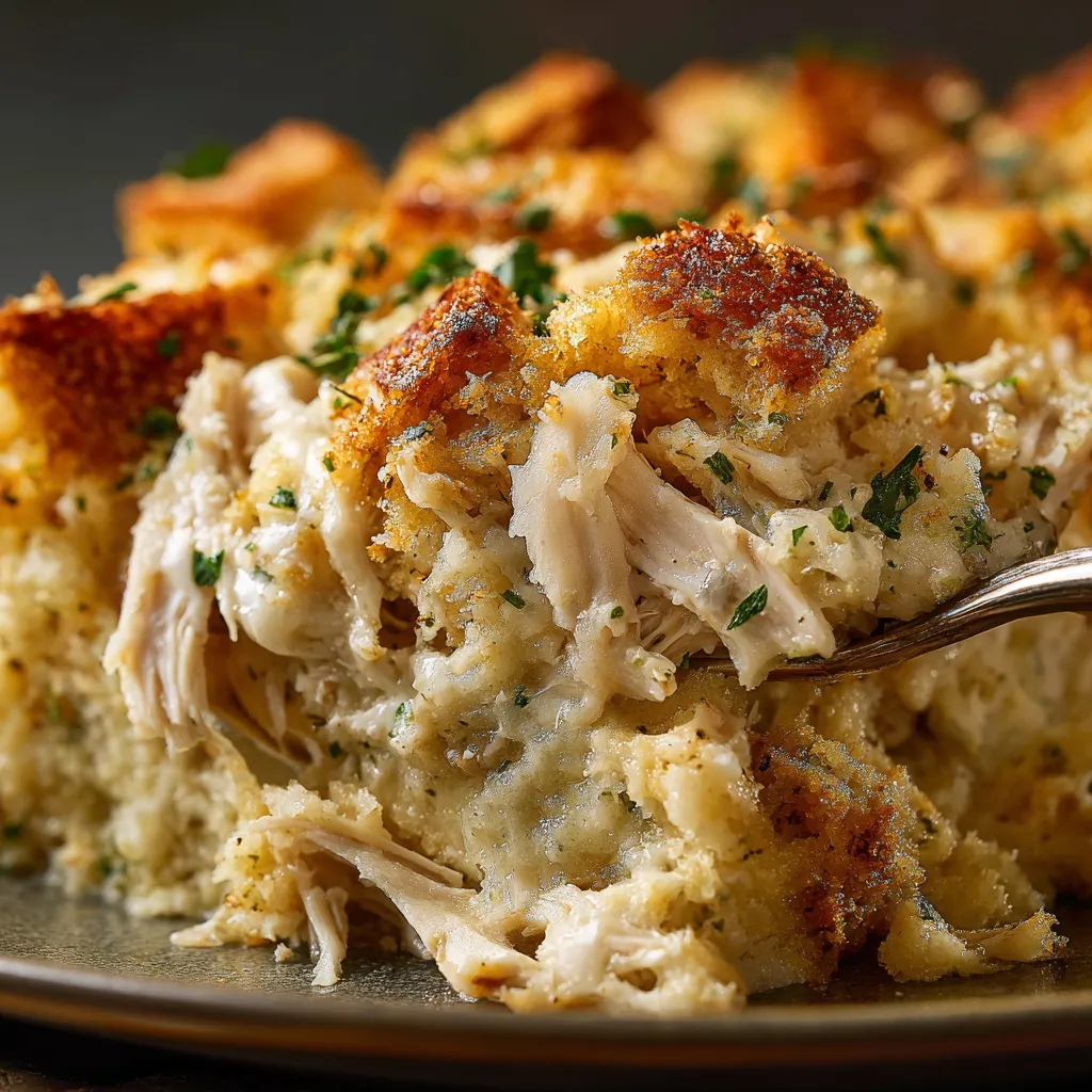 A plate of chicken stuffing casserole.