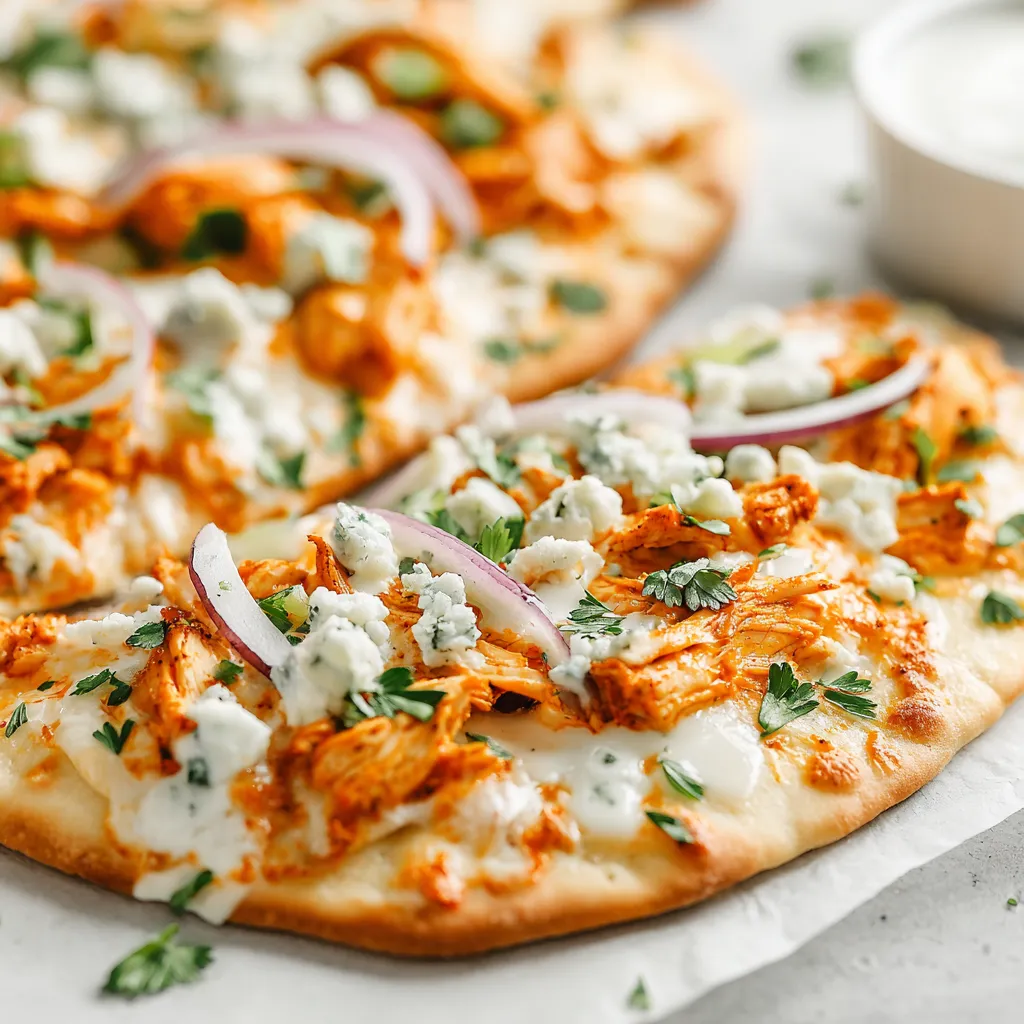 A flatbread pizza with buffalo chicken and blue cheese.