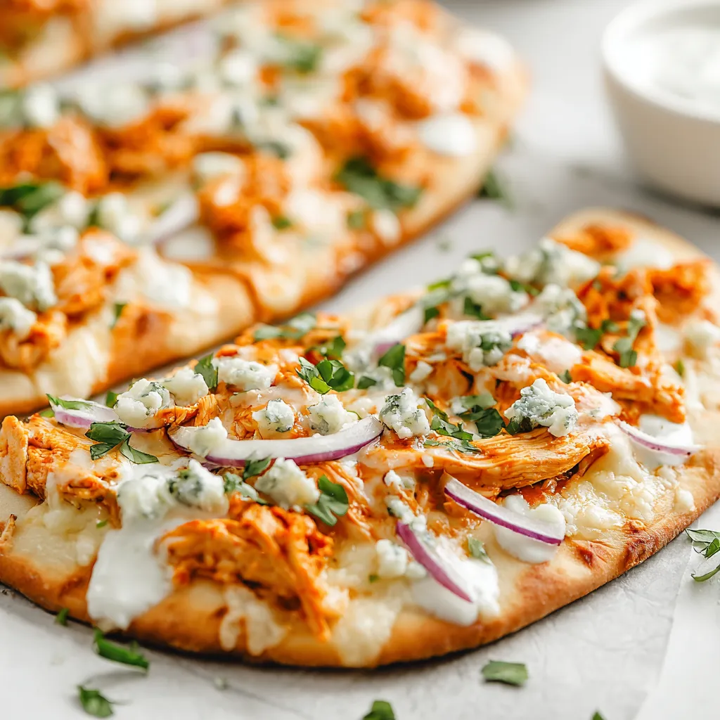 A flatbread pizza with chicken and blue cheese.
