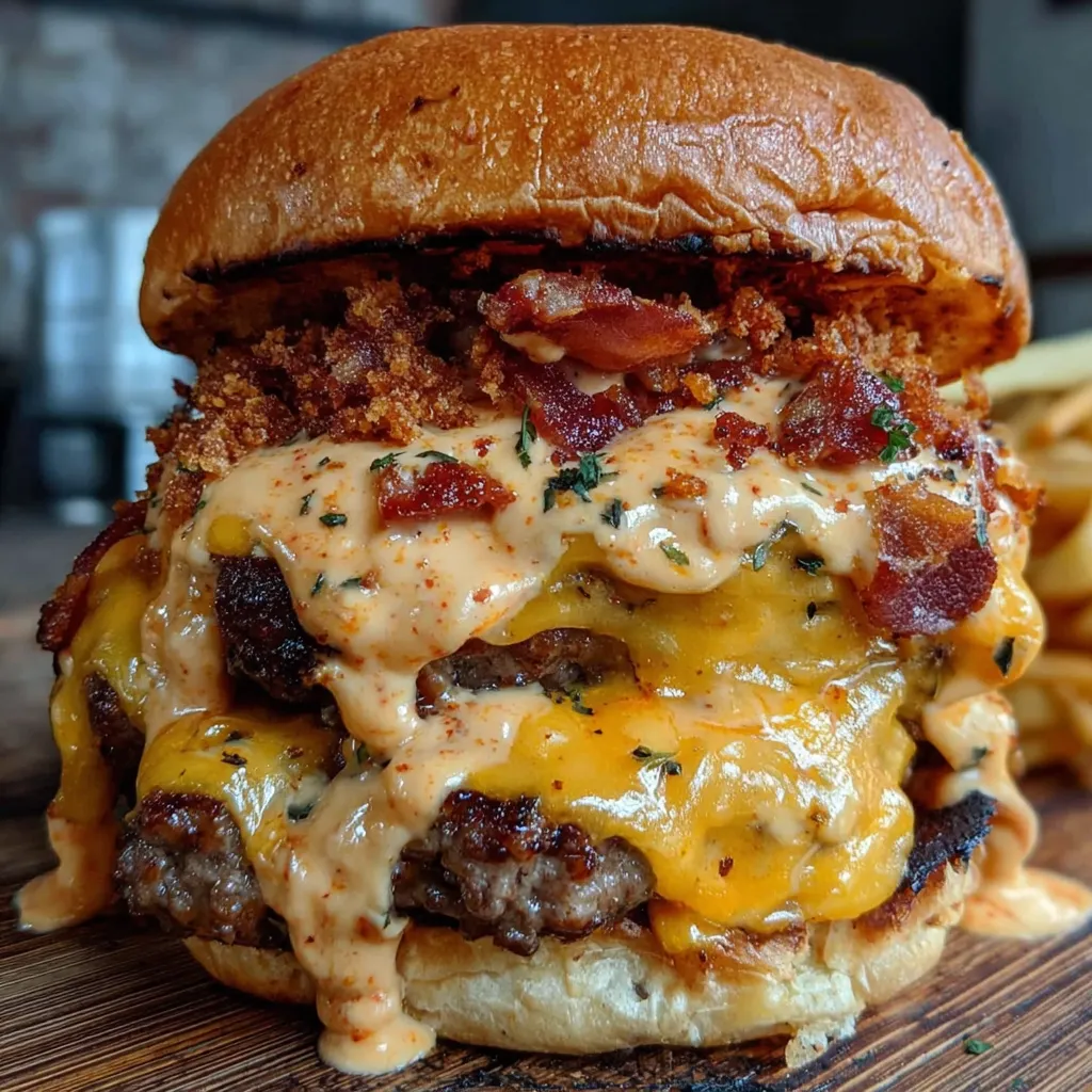 A close up of a burger with bacon and cheddar cheese.