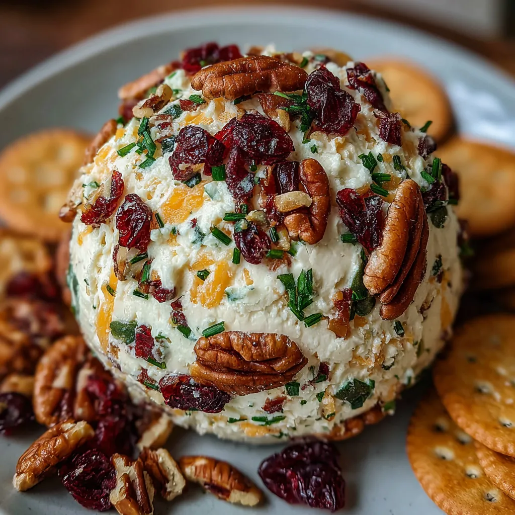 A cheese ball with a variety of toppings.