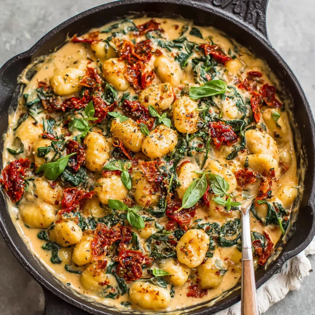 A dish of gnocchi with spinach and tomatoes.