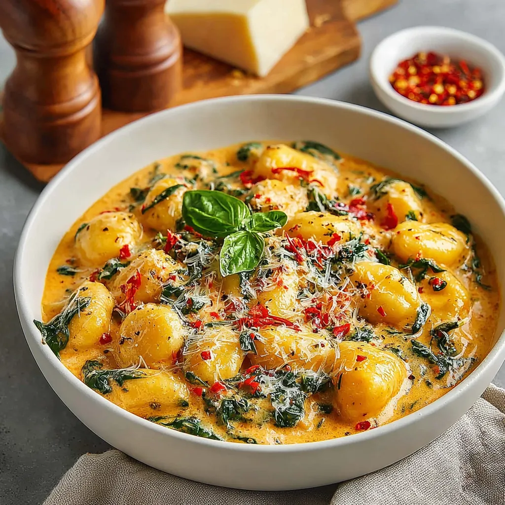 A bowl of gnocchi with sauce and cheese.