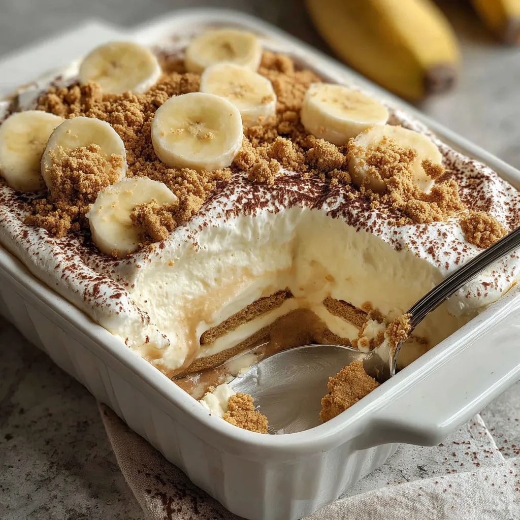 A creamy biscoff banana pudding with a spoon in it.