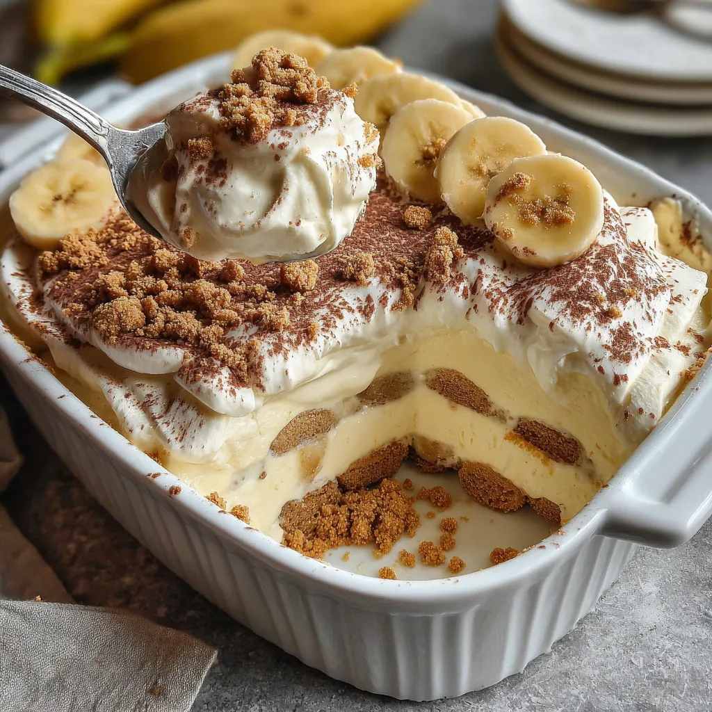A creamy biscoff banana pudding with a spoon in it.
