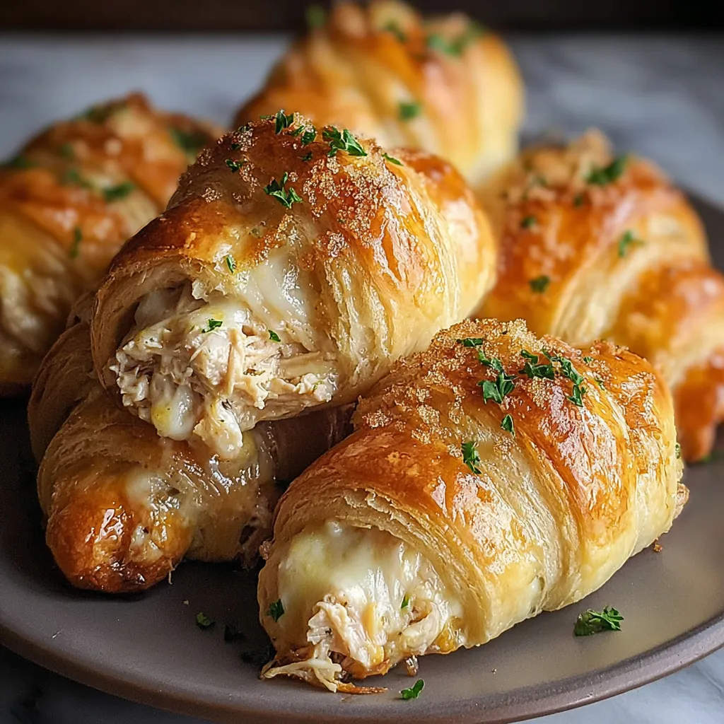 A plate of crescent rolls filled with chicken.