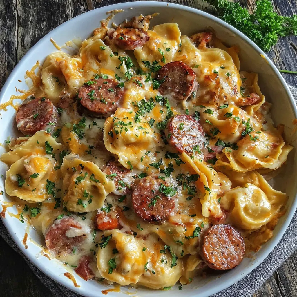 A white bowl filled with a delicious slow cooker pierogi casserole.
