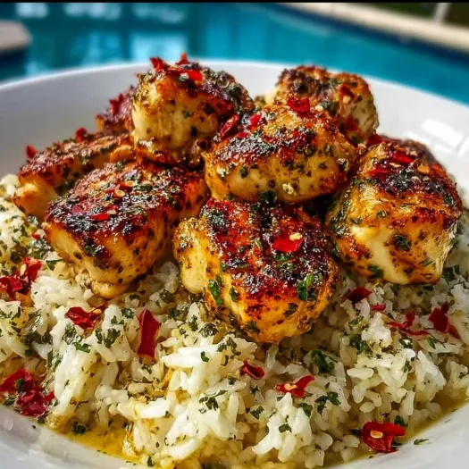 A plate of rice with chicken and garlic.
