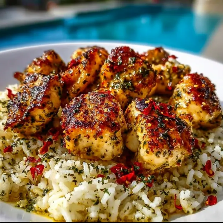 A plate of rice with chicken and garlic.