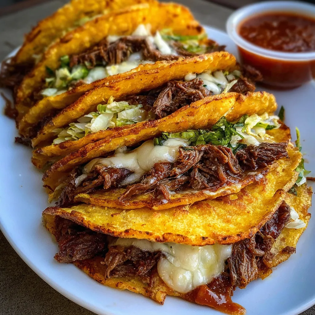 Golden crispy beef tacos on a white plate.