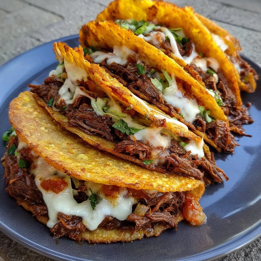 Golden crispy beef tacos on a plate.