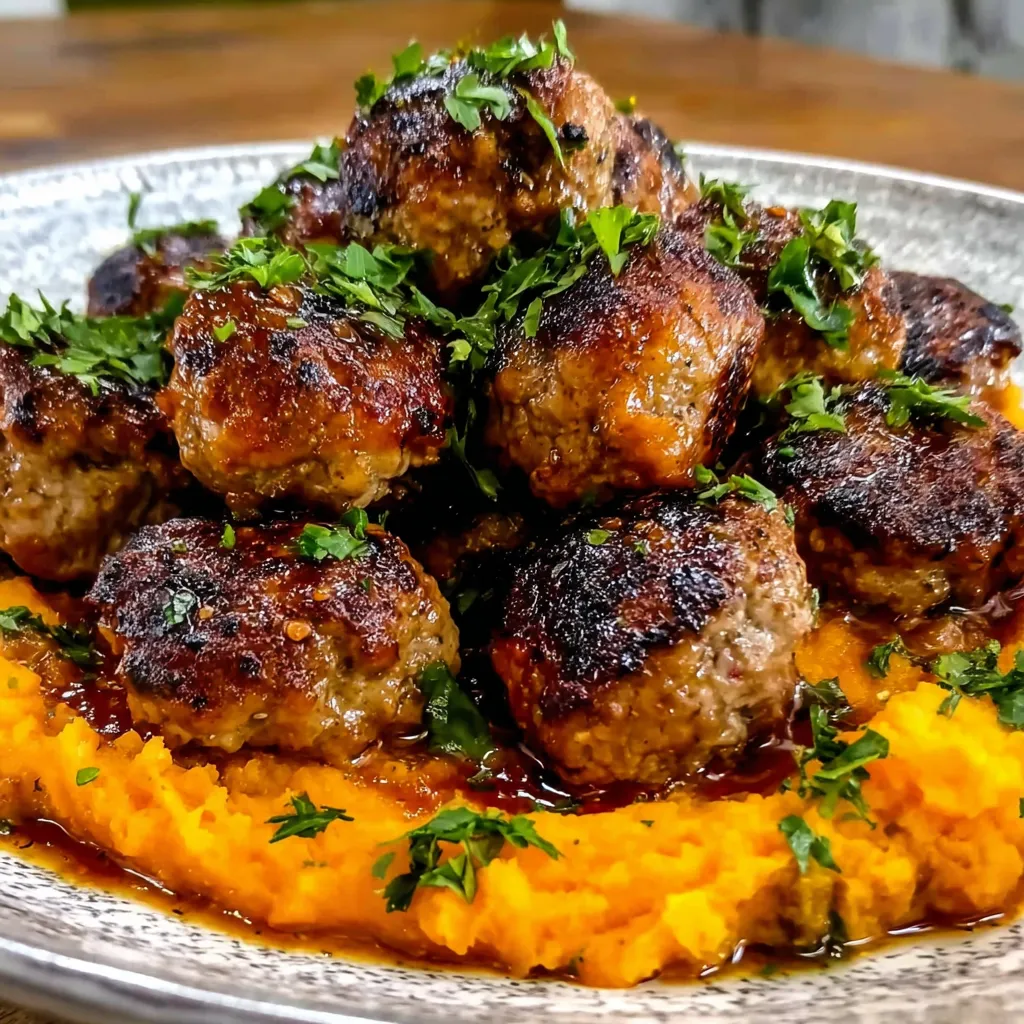 A plate of meatballs and sweet potatoes.