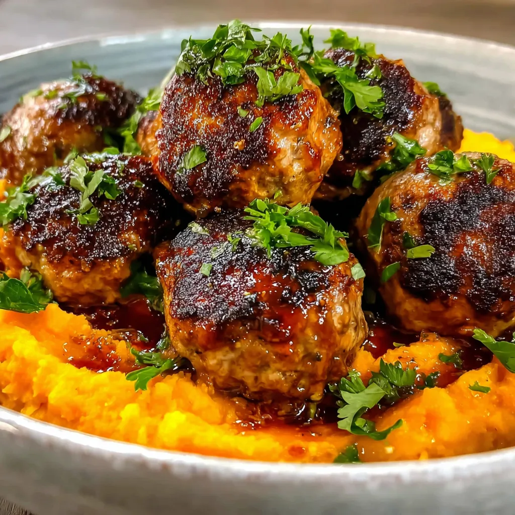 A plate of meatballs and sweet potatoes.
