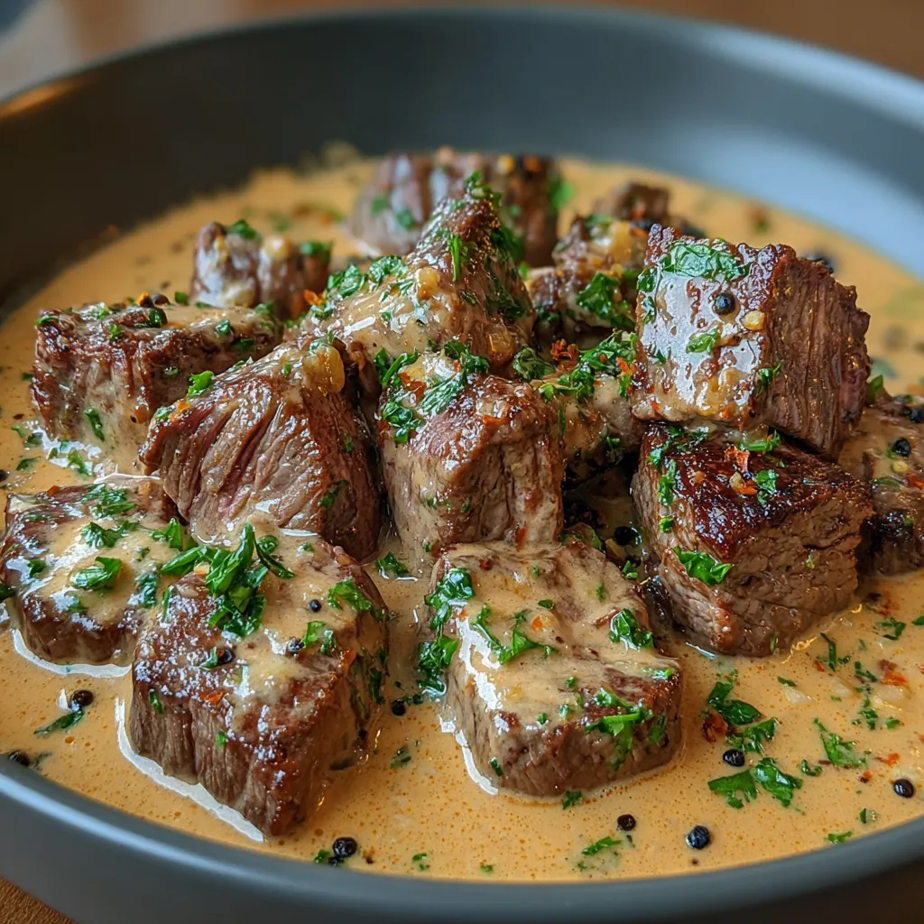 A bowl of juicy beef fillet in creamy pepper sauce.