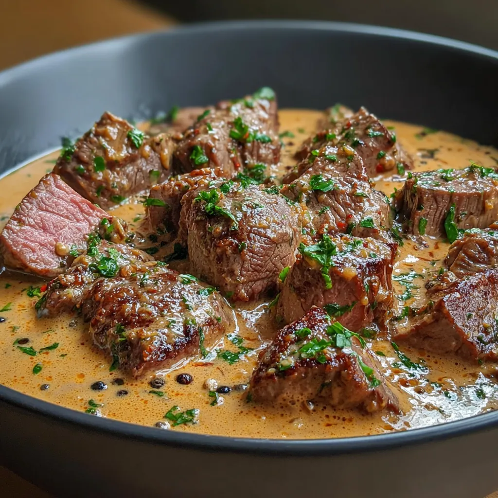 A bowl of juicy beef fillet in creamy pepper sauce.