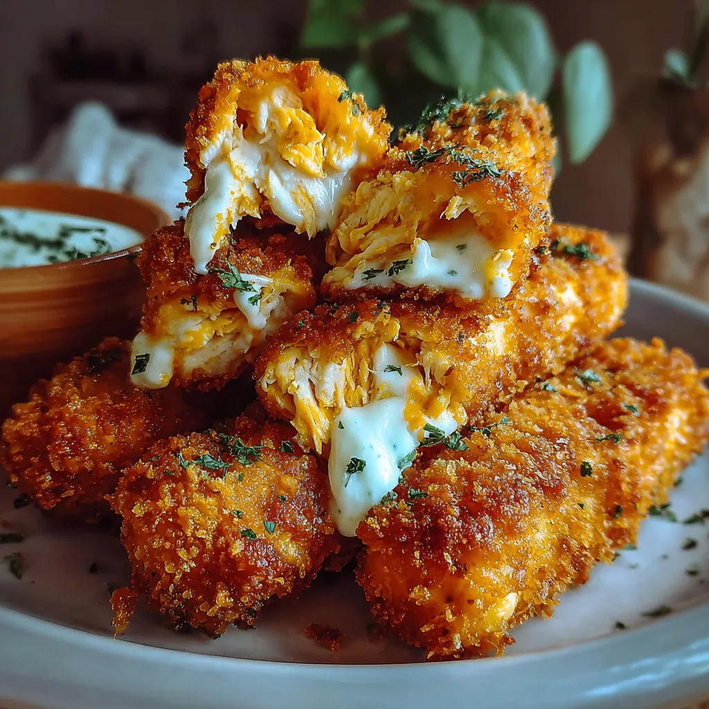 Crispy Buffalo Chicken Mozzarella Sticks.
