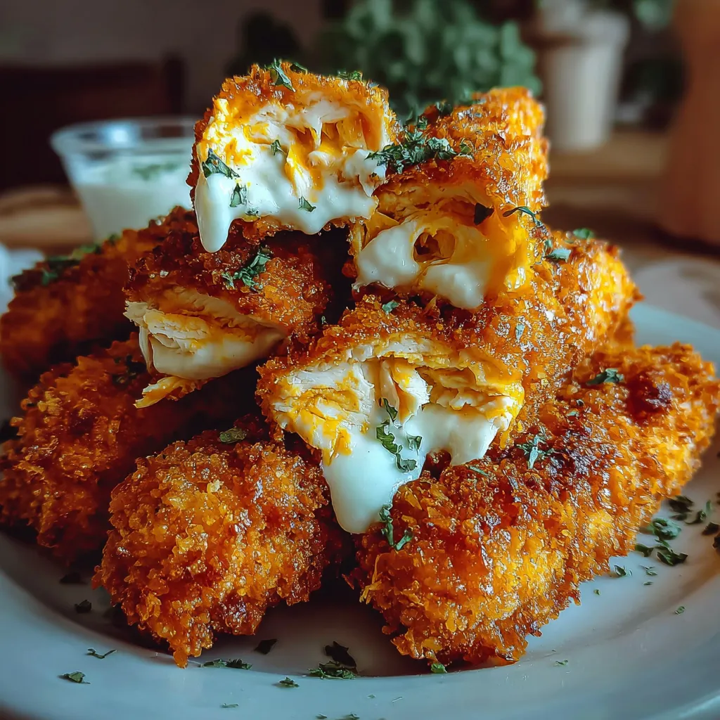 Crispy Buffalo Chicken Mozzarella Sticks.