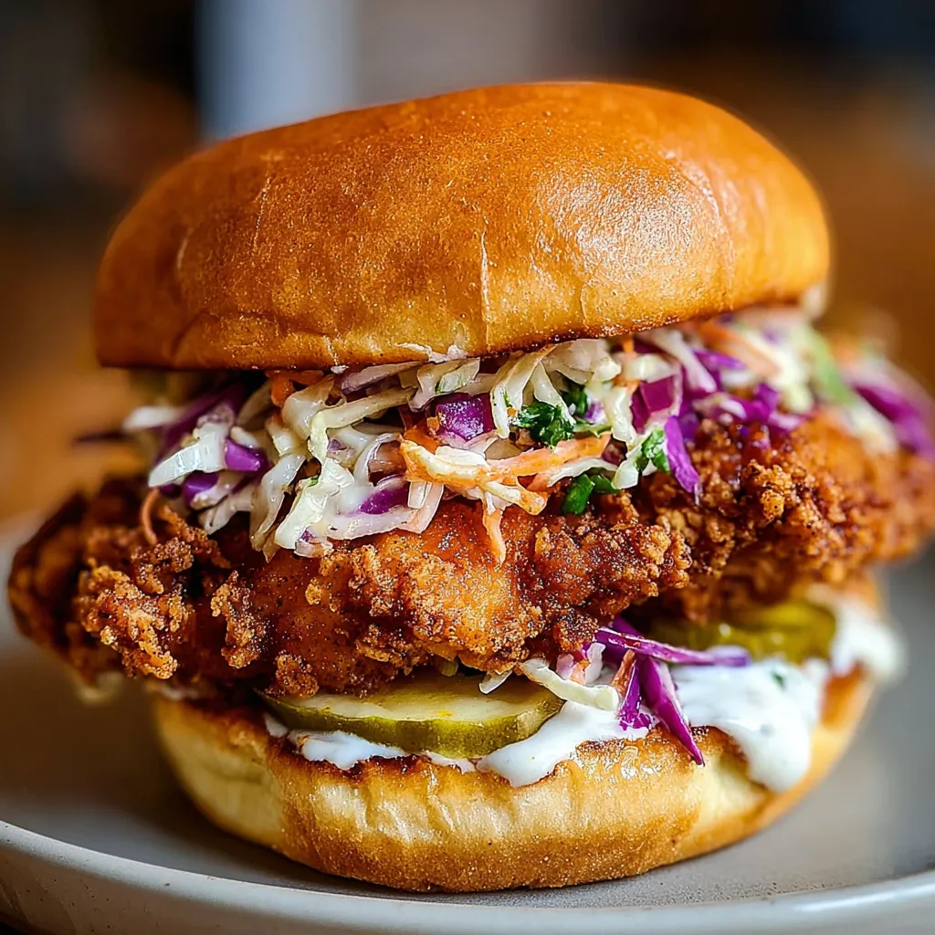 A crispy buffalo chicken sandwich with purple cabbage and a pickle.