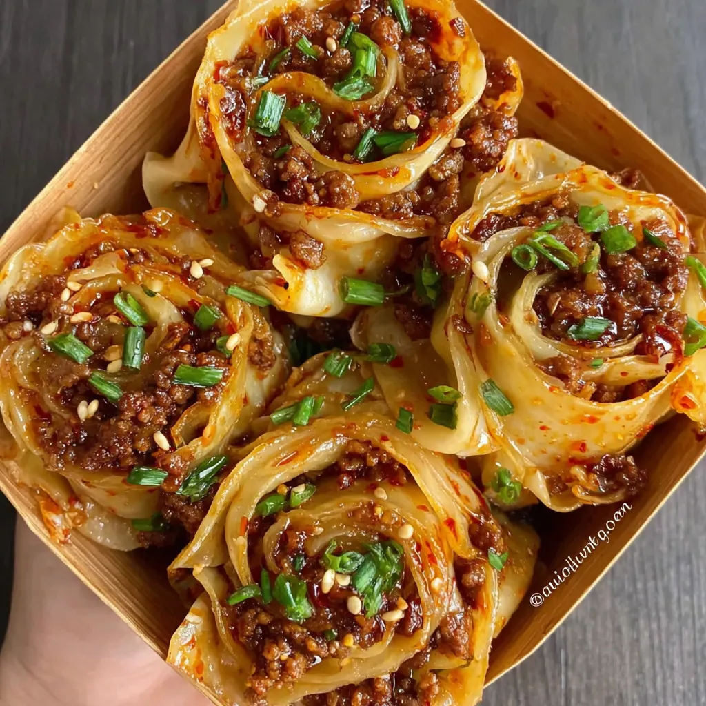 A person is holding a box of crispy dumplings in spicy garlic sauce.
