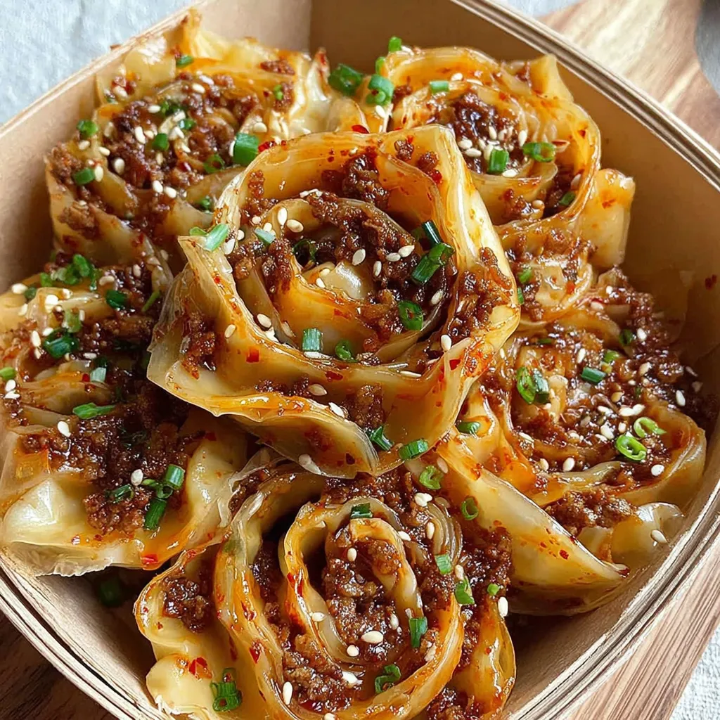 A bowl of dumplings with a spicy garlic sauce.