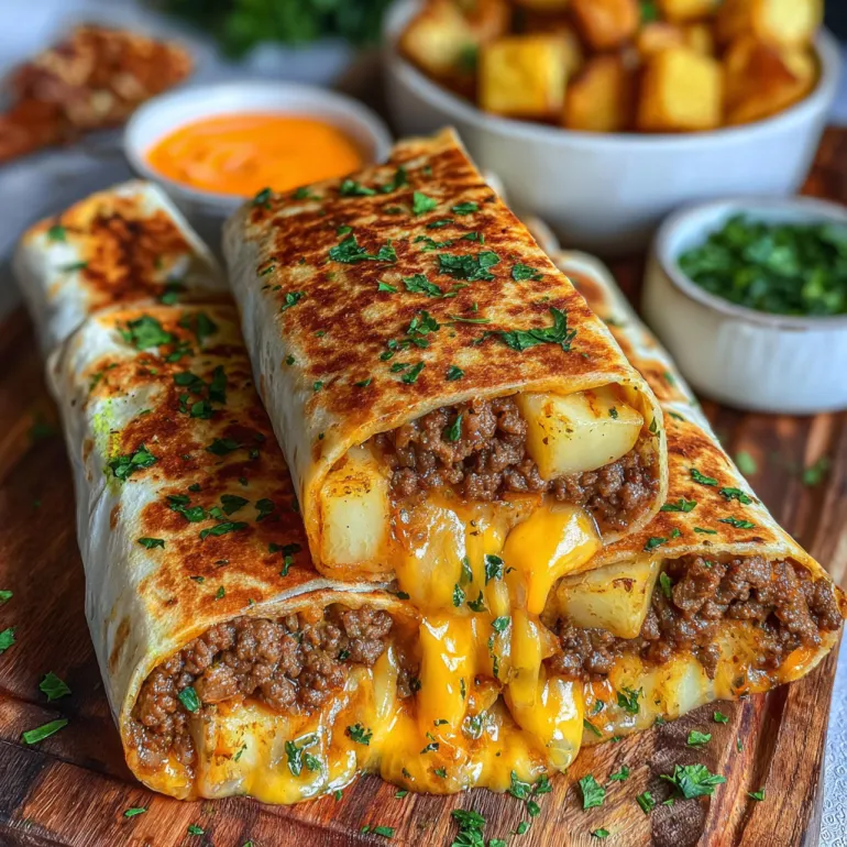 A loaded cheesy beef potato burrito.