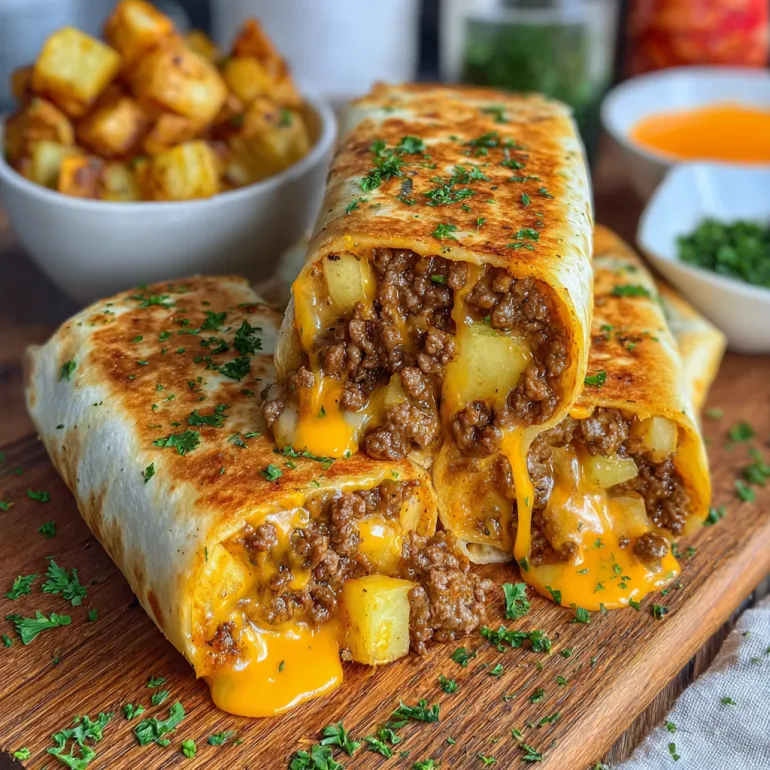 A loaded cheesy beef potato burrito.