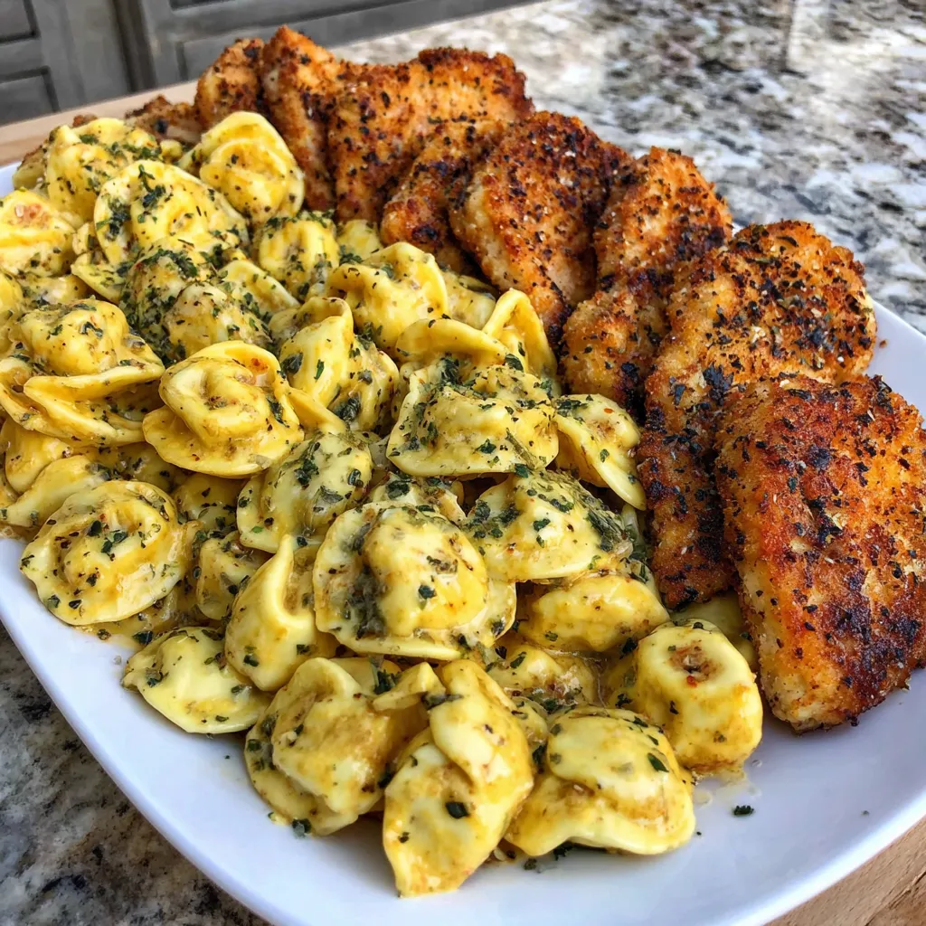 A plate of food with chicken and pasta.