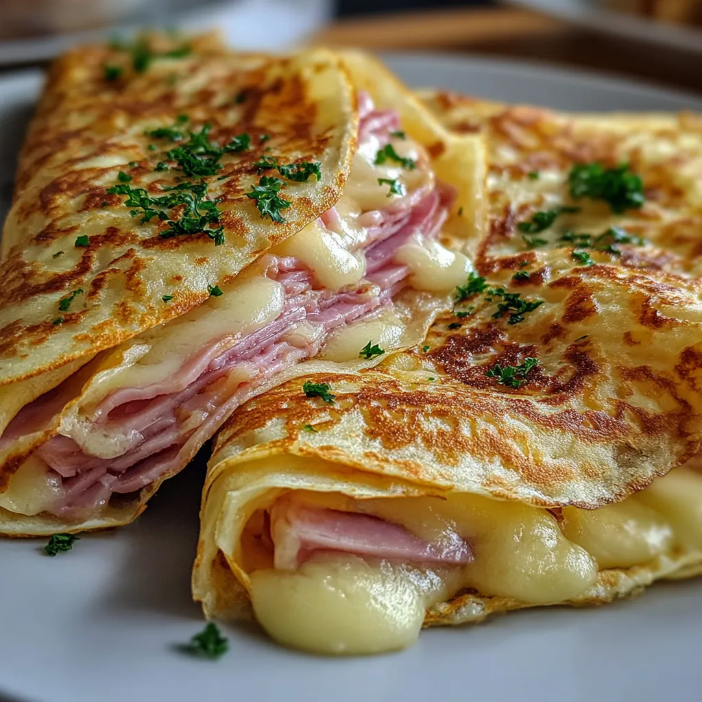 Two pieces of ham and cheese breakfast crepes.
