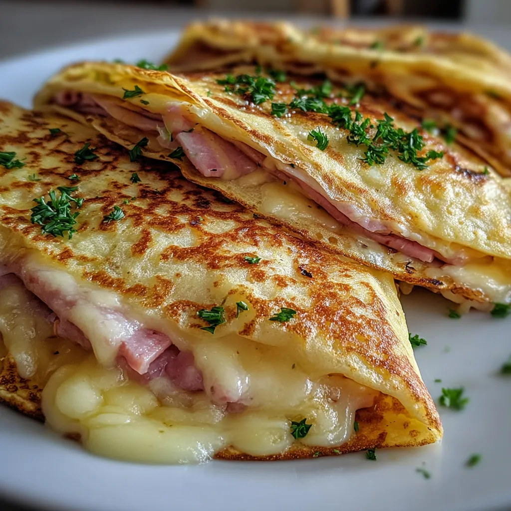 Two pieces of ham and cheese crêpes.