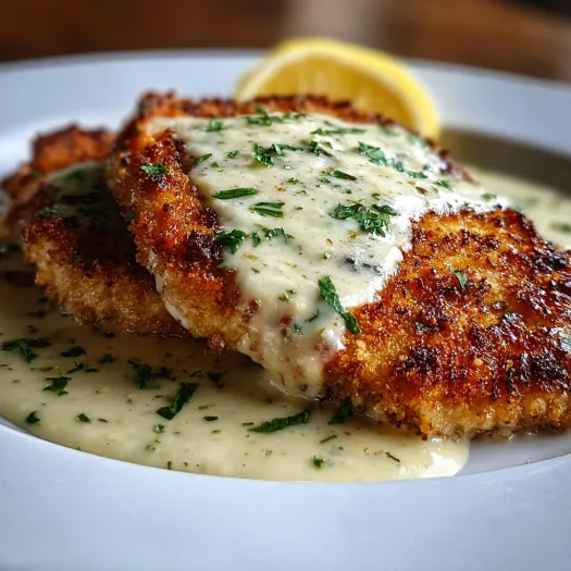 A plate of chicken with a lemon sauce.