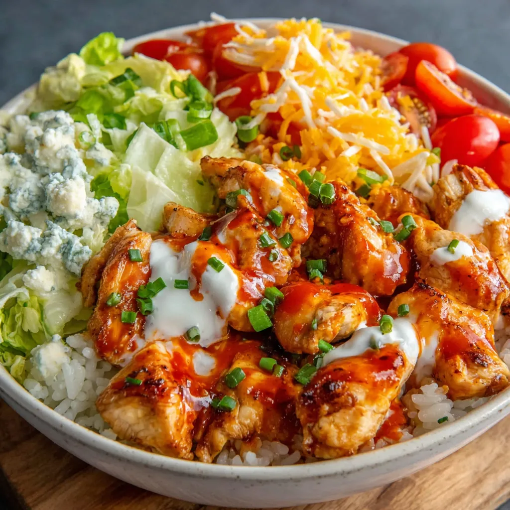 A bowl of food with chicken, rice, and vegetables.
