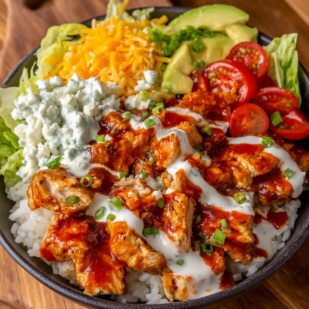 A bowl of food with chicken, tomatoes, lettuce, and cheese.