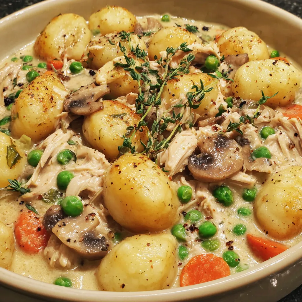 A bowl of food with chicken, potatoes, and peas.