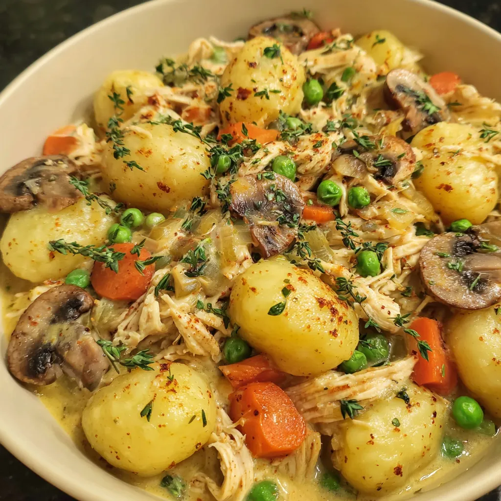 A bowl of food with chicken  potatoes  and peas.