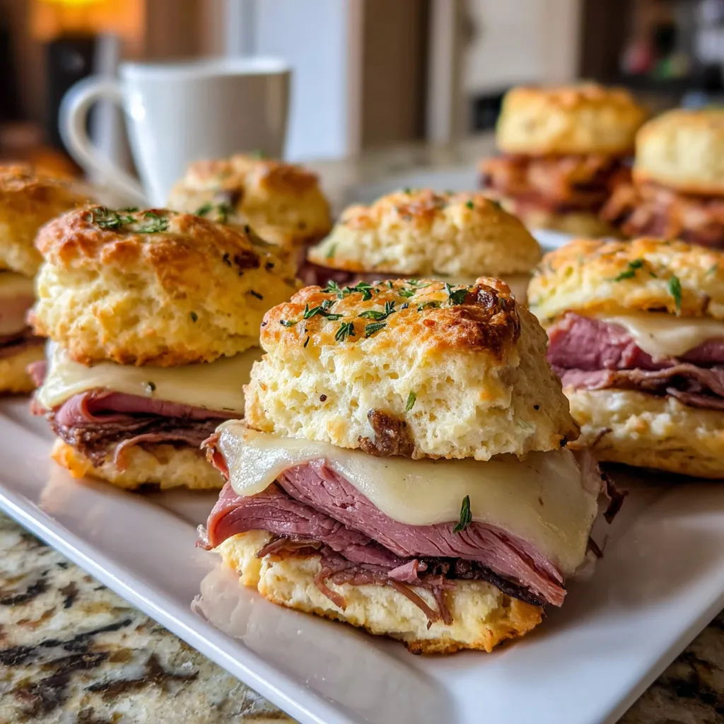 A plate of cheesy baked French dip biscuit sliders.