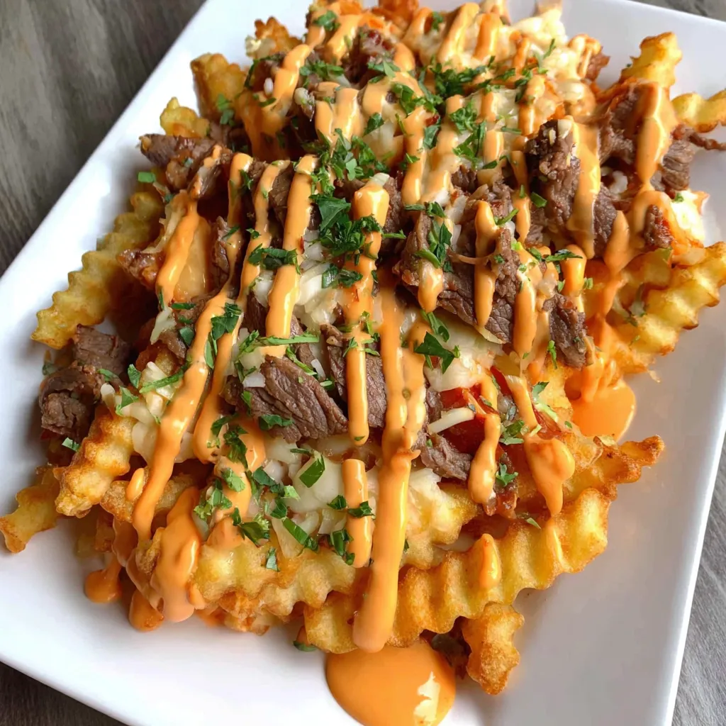 A plate of irresistible philly steak cheese fries at home.