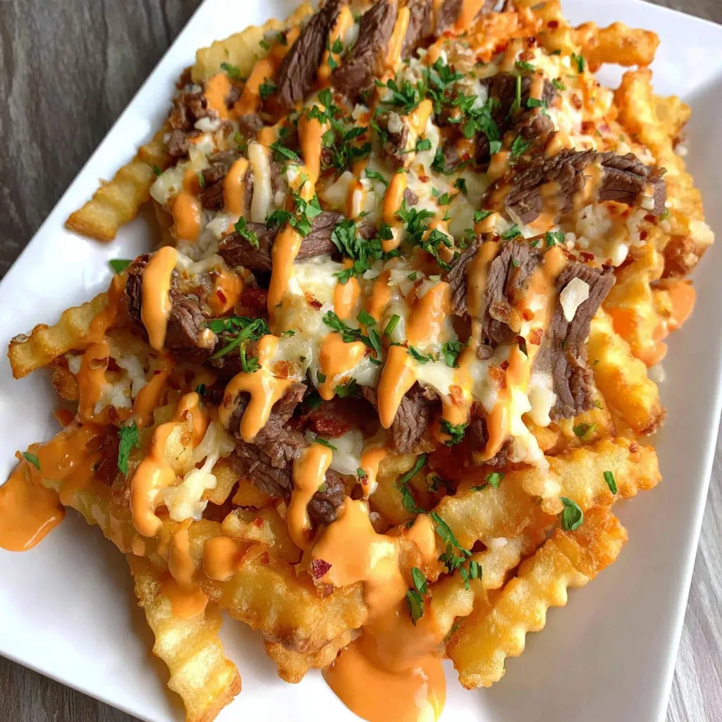 A plate of irresistible philly steak cheese fries at home.