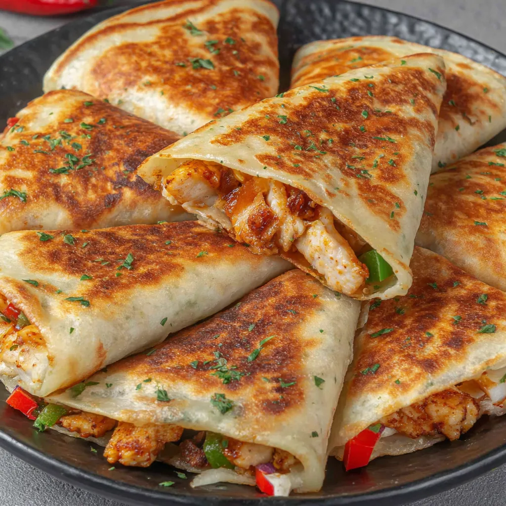 A plate of crispy chicken tortilla wraps.