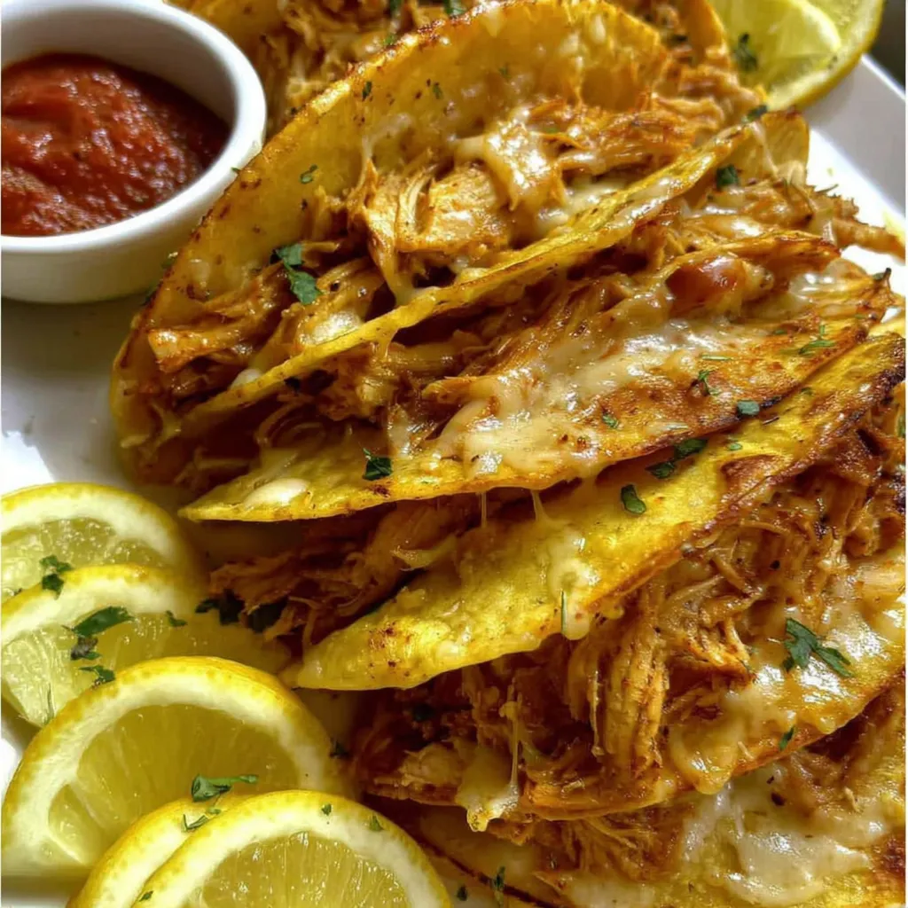 A plate of oven-baked cheesy chicken tacos.