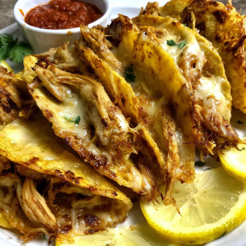 A plate of oven-baked cheesy chicken tacos.