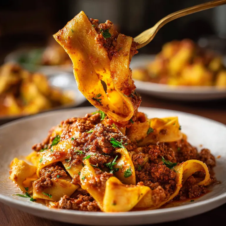 A plate of pasta with meat sauce.