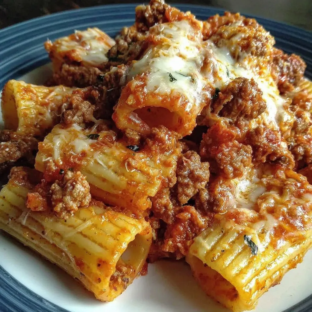 A plate of rigatoni with meat sauce and melted cheese.