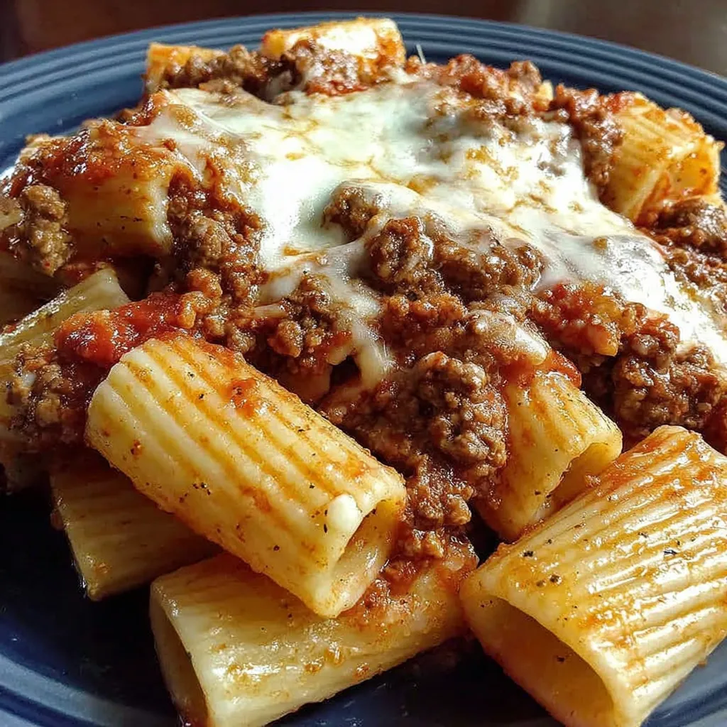 A plate of rigatoni with meat sauce and melted cheese.