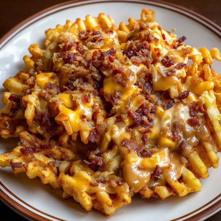A plate of waffle fries with cheese and bacon.