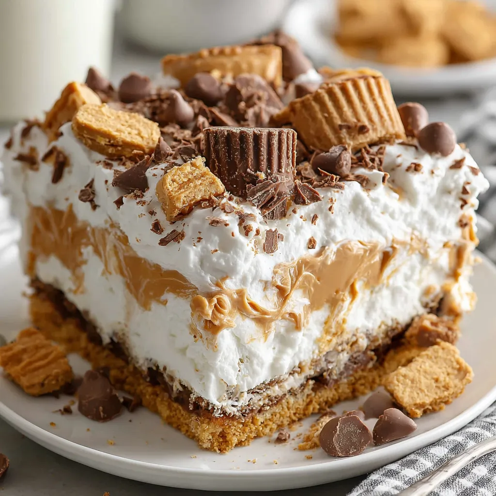 A slice of creamy peanut butter chocolate layered dessert.
