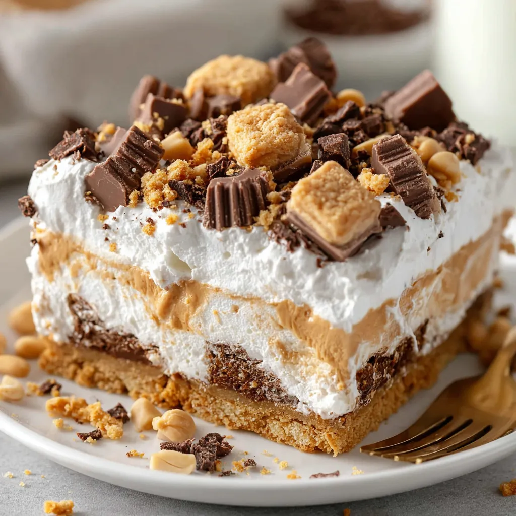 A slice of creamy peanut butter chocolate layered dessert.