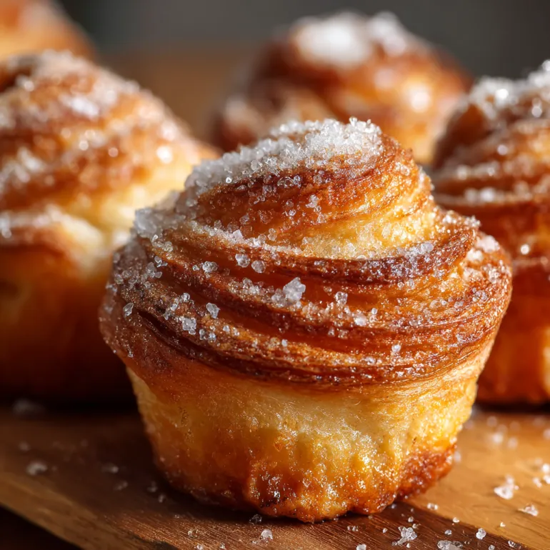 A close up of a cinnamon sugar cruffin with flaky layers.