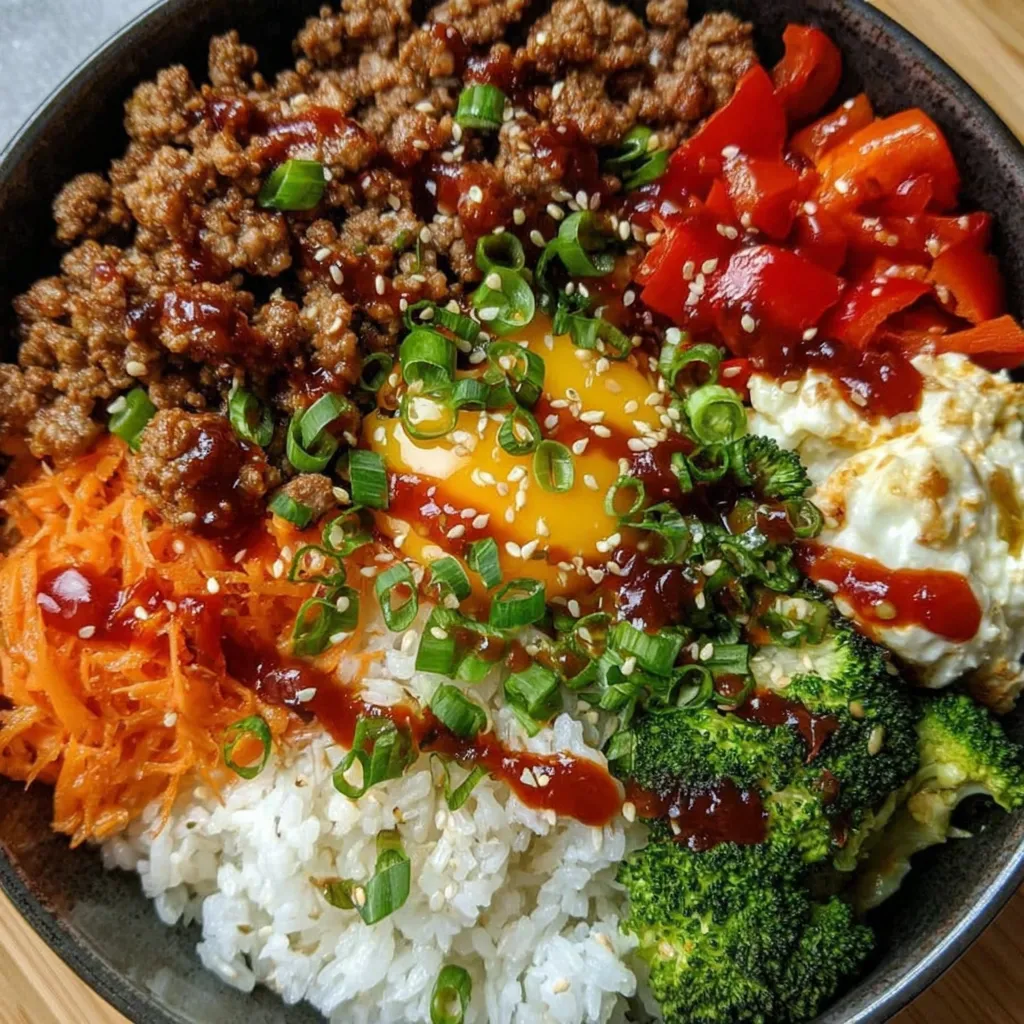 A bowl of food with rice, meat, and vegetables.