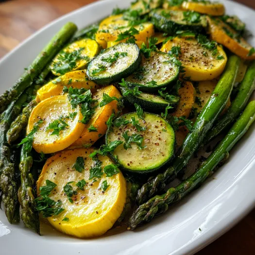 A plate of garlic roasted asparagus with zucchini and squash.