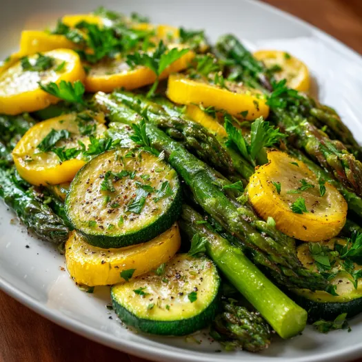A plate of food with asparagus, squash, and zucchini.